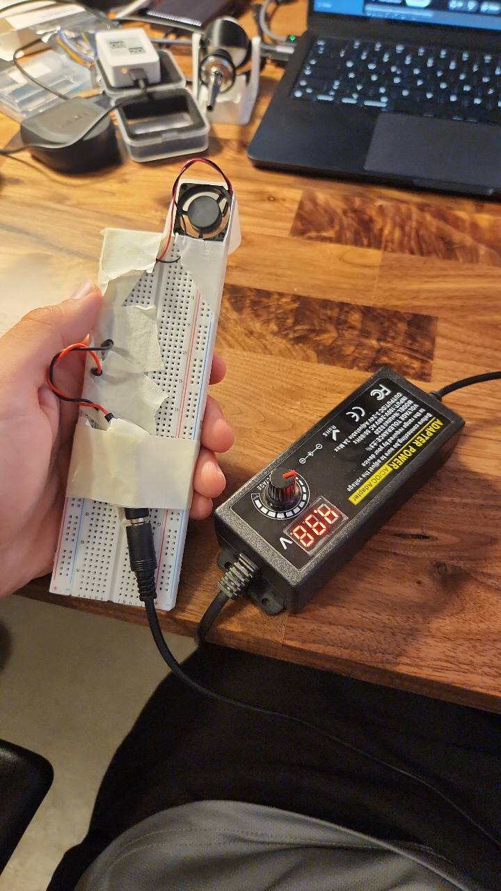 Temporary breadboard setup connected to an adjustable power supply